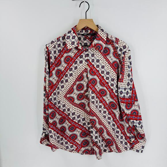 ZARA Boho Paisley Print Button Down Shirt Red Blue Cream Long Sleeve Top Size M - Picture 5 of 5
